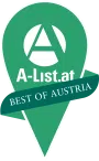 Ihr seht das Logo der A List Selected 2023 Auszeichnung von a-list.at, das ausgezeichnete Hotels tragen dürfen. JUFA Hotels wurden ausgezeichnet von a-list.at. | logo, a list selected, partner, 2023, auszeichnung