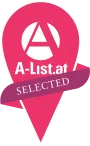 Ihr seht das Logo der A List Selected 2022 Auszeichnung von a-list.at, das ausgezeichnete Hotels tragen dürfen. JUFA Hotels wurden ausgezeichnet von a-list.at. | logo, a list selected, partner, 2022, auszeichnung