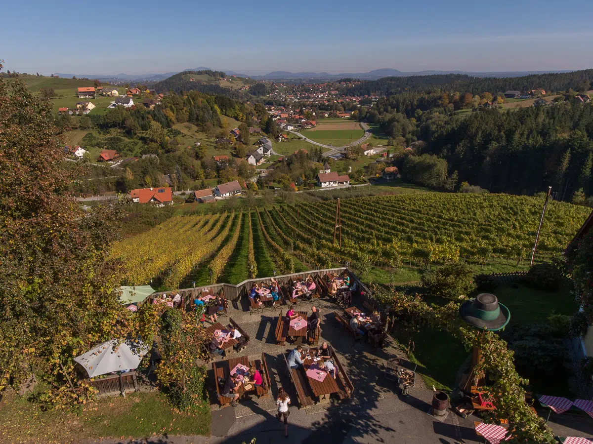 Ihr seht eine Buschenschank von oben in der Steiermark. JUFA Hotels bietet Ihnen den Ort für erlebnisreichen Natururlaub für die ganze Familie.