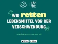 Ihr seht ein Banner von Too Good to Go mit dem Schriftzug "Wir retten Lebensmittel vor der Verschwendung".