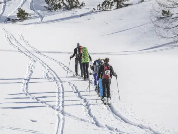 Sie sehen eine Gruppe beim Langlaufen auf der Planneralm im Winter.