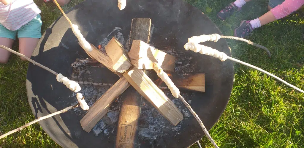 Ihr seht Kinder am Lagerfeuer beim Grillen des selbstgemachten Stockbrots. JUFA Kids-Club bietet Spaß und Aktion und ist im Urlaub inklusive.