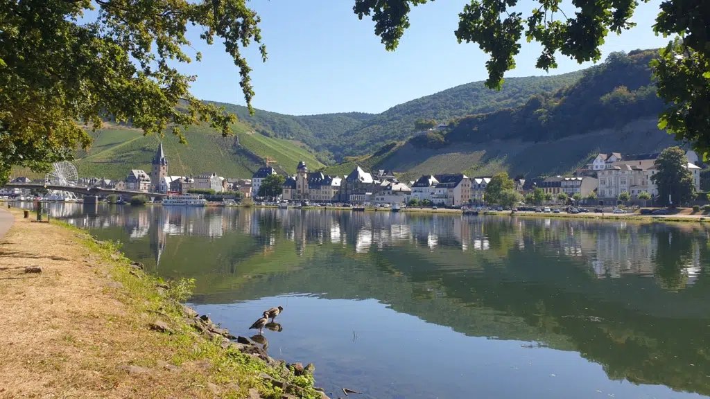 Ihr seht die Stadt Bernkastel vom Moselufer aus. jufa hotels, bernkastel-kues, mosel, fluss, sommer