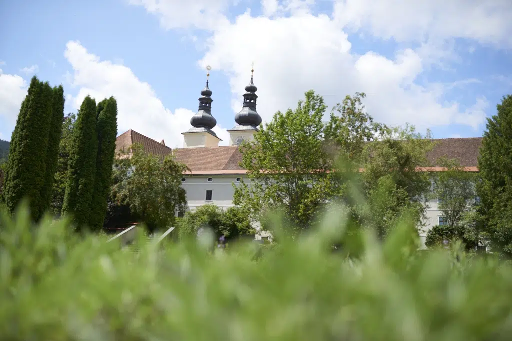 Ihr seht die beiden Stiftstürme vom JUFA Hotel Stift Gurk mit Wiese im Sommer. JUFA Hotels bietet den Ort für erlebnisreichen Natururlaub für die ganze Familie.