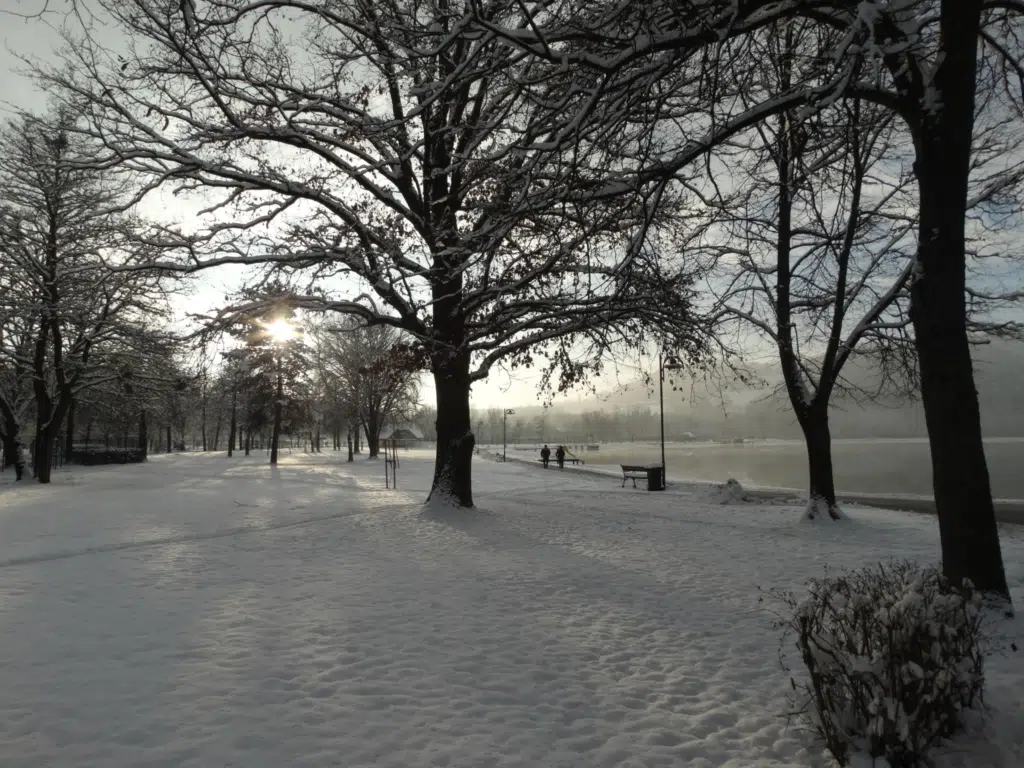 Ihr seht den Stubenbergsee in der Oststeiermark im Winter. JUFA Hotels bietet erholsamen Familienurlaub und einen unvergesslichen Winterurlaub.