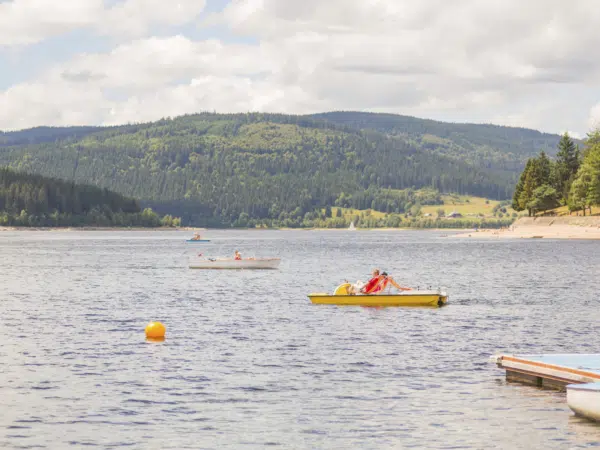 Ihr seht Personen beim Tretboot fahren am Schluchsee im Sommer.