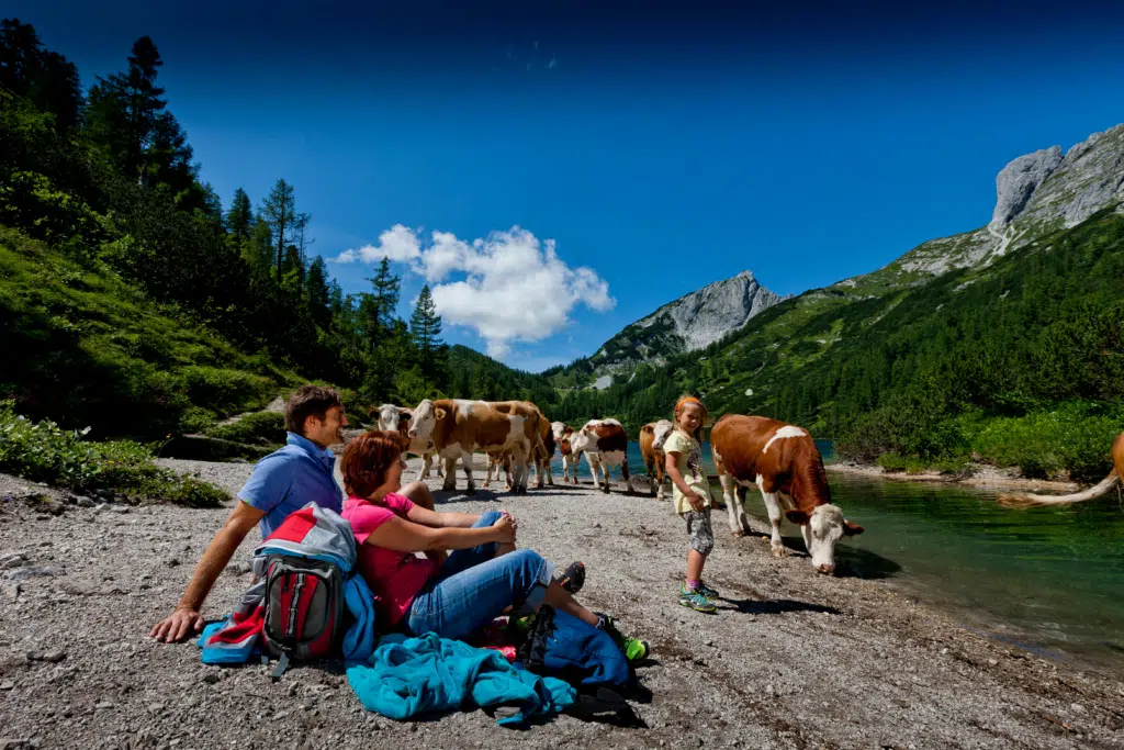 Familie macht eine Wanderpause auf der Taublitzalm. JUFA Hotels bieten erholsamen Familienurlaub und einen unvergesslichen Winter- und Wanderurlaub.