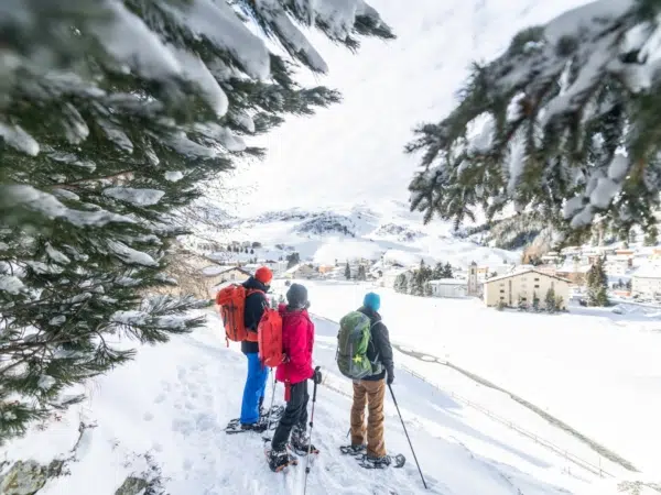 Ihr seht drei Personen beim Schneeschuhwandern in Savognin