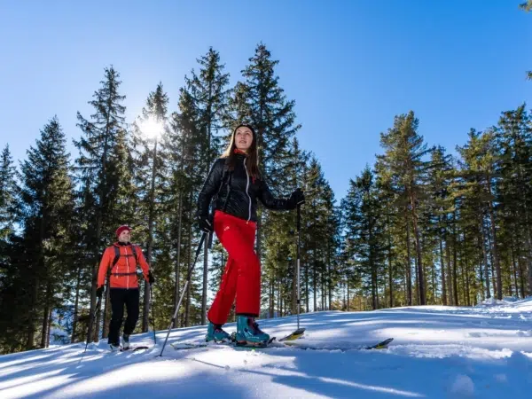 Ihr seht zwei Personen beim Skitouren gehen im Wald auf der Bürgeralpe im Mariazeller Land.