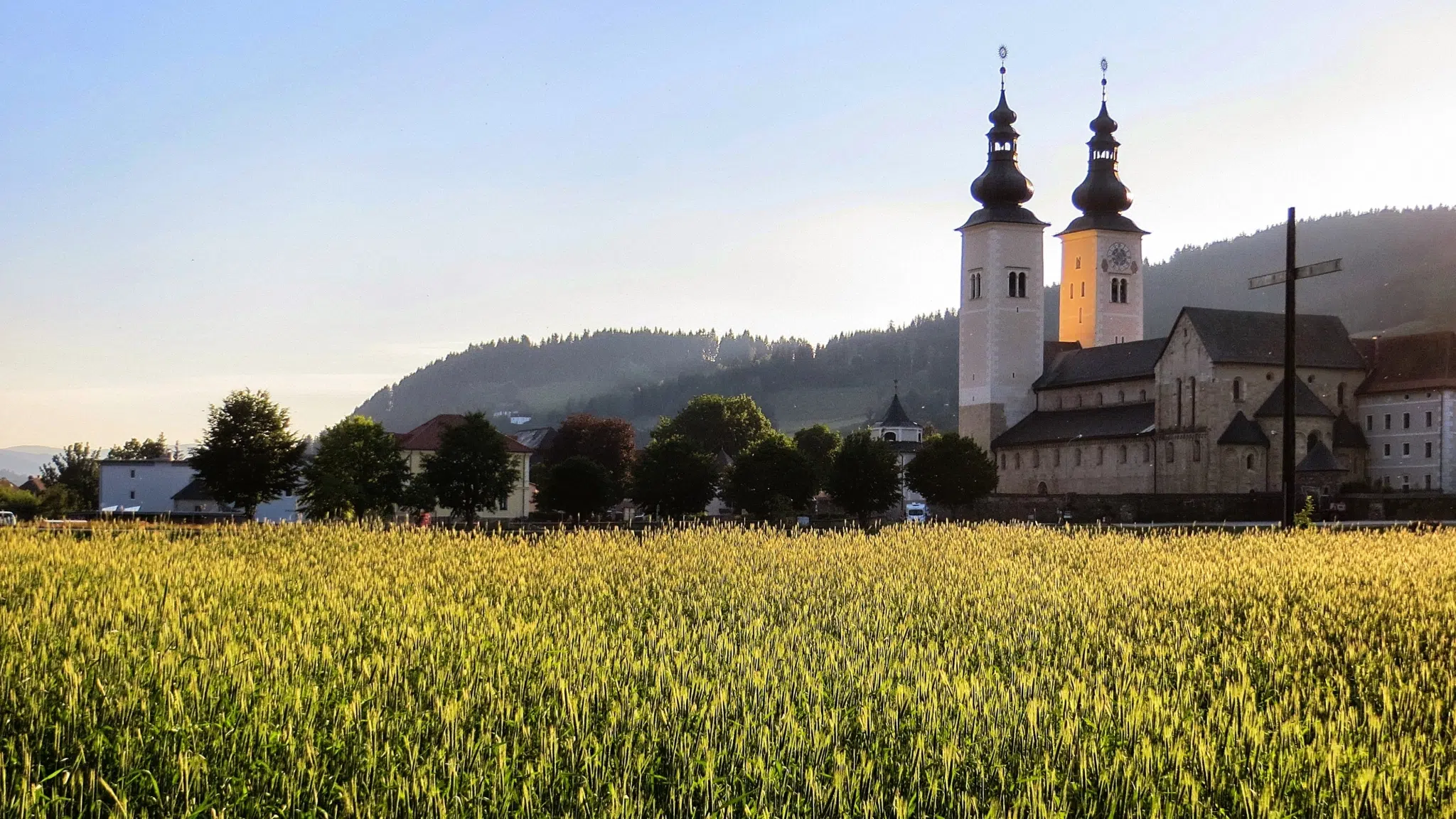 Der Dom zu Gurk in der Nähe vom JUFA Hotel Gurk mit Blumenwiese.