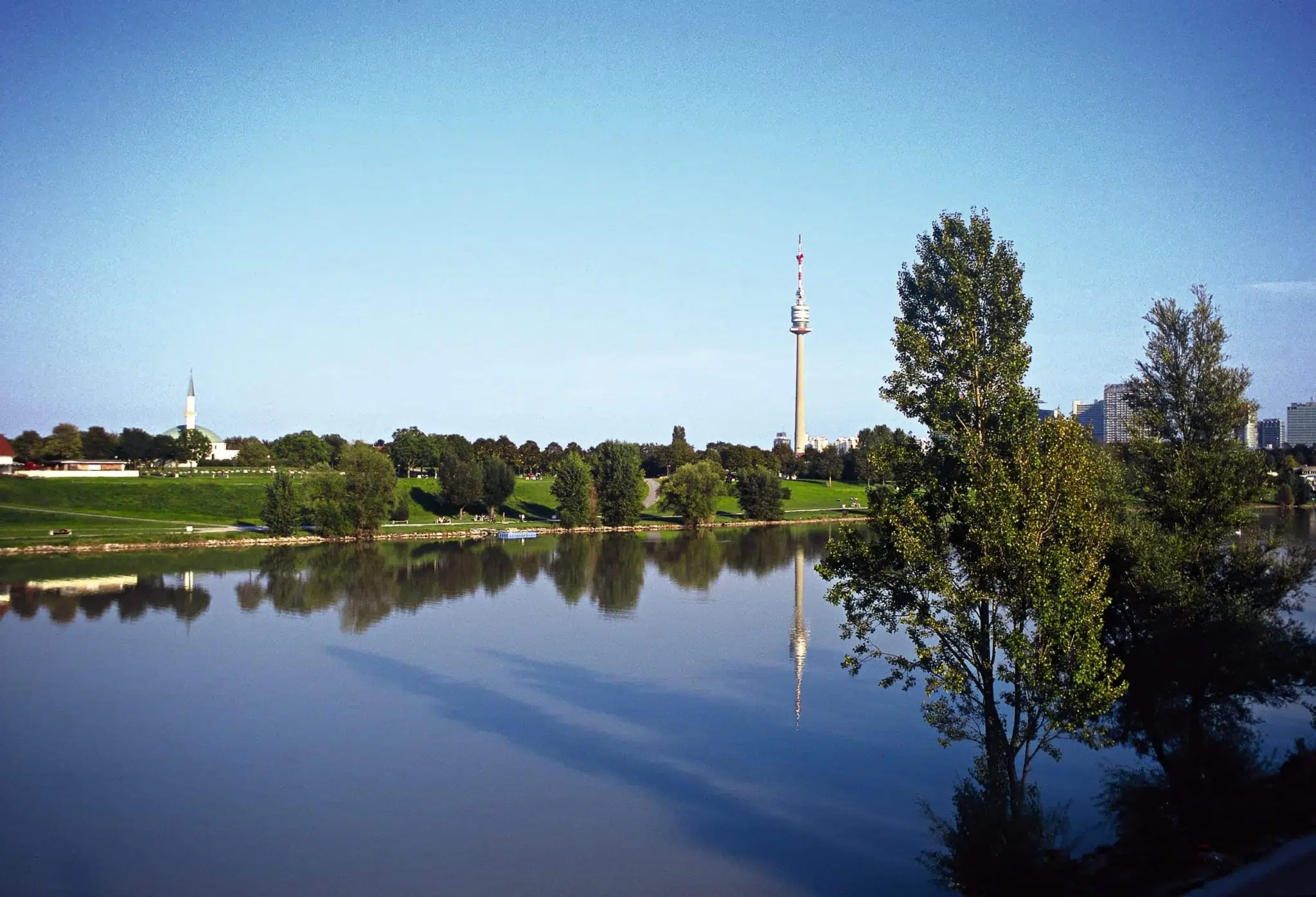 Donauturm auf dem Freizeitparadies Donauinsel in Wien im Sommer. JUFA Hotels bietet erlebnisreichen Städtetrip für die ganze Familie und den idealen Platz für Ihr Seminar.