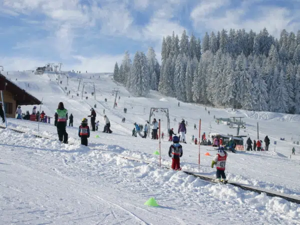 Ihr seht Kinder beim Schifahren auf der Piste in Eschach