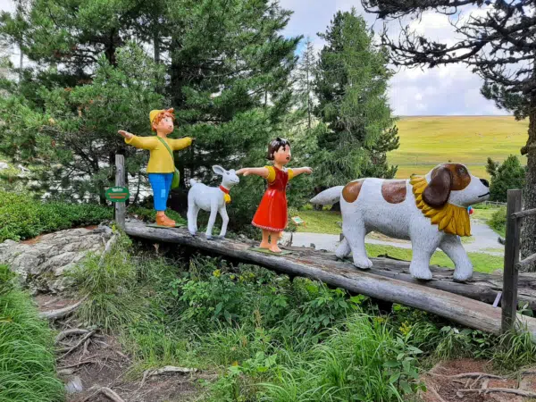 Ihr seht Peter, ein Lamm, Heidi und einen großen Hund aus der bekannten Kinder Zeichentrickserie"Heidi" als Figuren, die über einen Holzbalken balancieren.