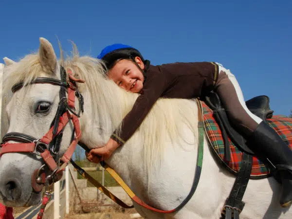 Ihr seht ein kleines Mädchen auf einem Pferd sitzen beim Reiten. JUFA Hotels bietet Ihnen den Ort für erlebnisreichen Natururlaub für die ganze Familie.