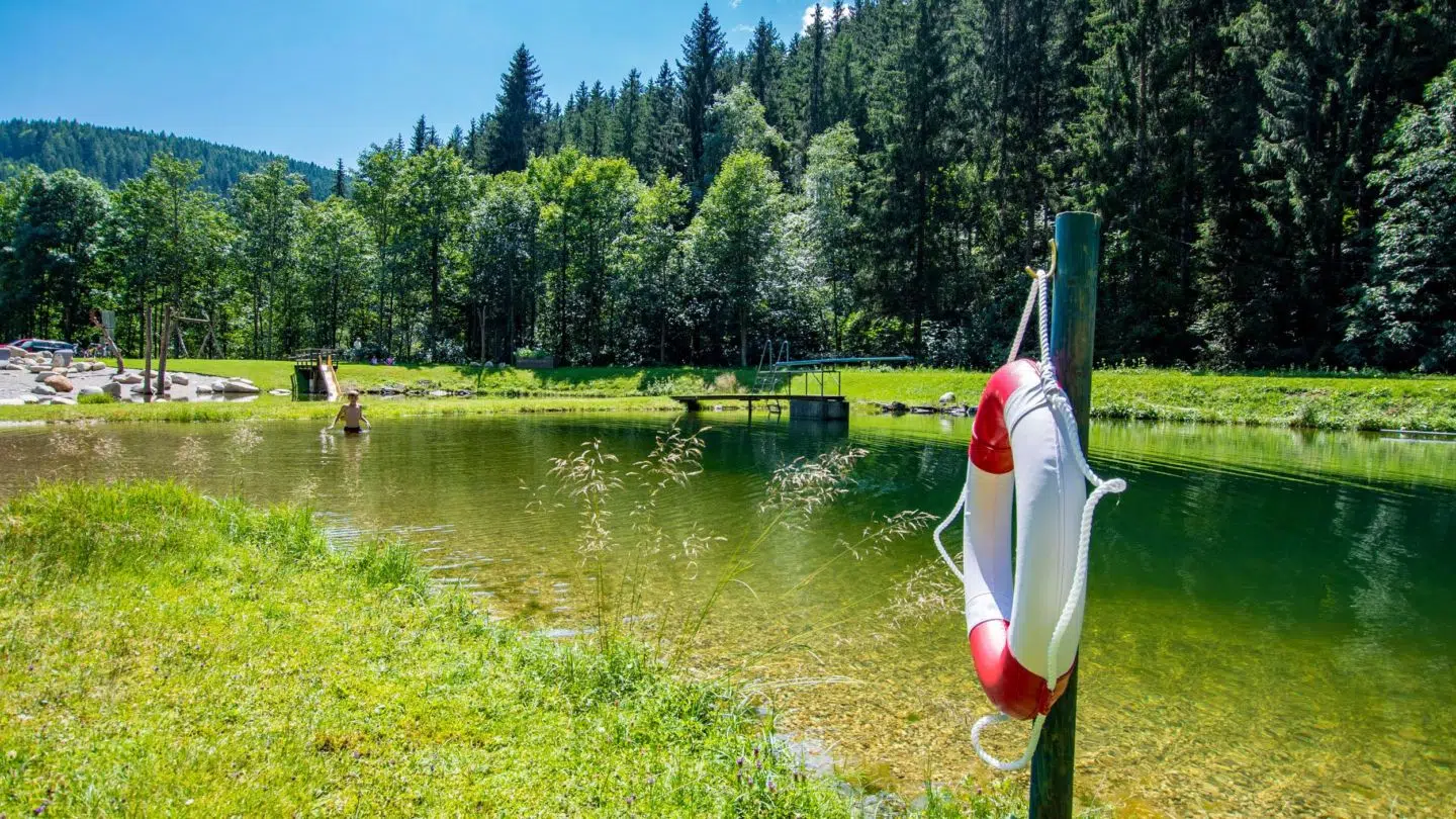 Ihr seht den Naturbadeteich Sirnitz in der Nähe vom JUFA Hotel Hochrindl***.