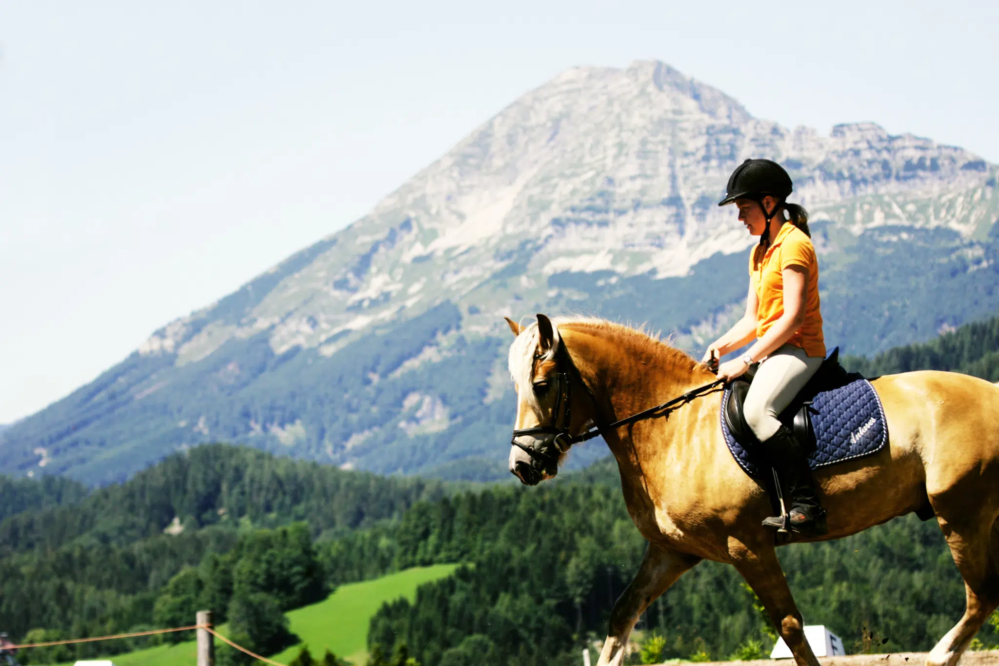 Ihr seht eine Reiterin mit Pferd mit Berg im Hintergrund in Annaberg im Mostviertel. JUFA Hotels bietet Ihnen den Ort für erlebnisreichen Natururlaub für die ganze Familie.