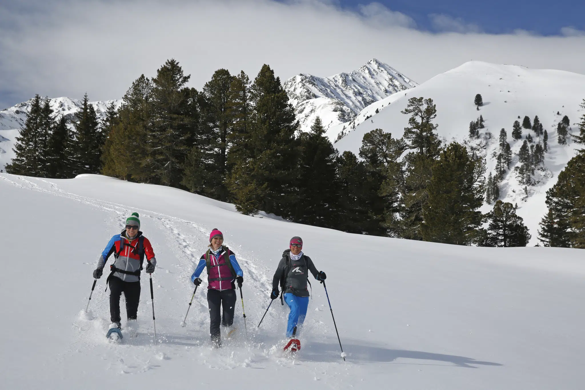 Ihr seht Schneeschuhwanderer in einem Schneefeld im Murtaler Gebirge gehen. JUFA Hotels bietet erholsamen Familienurlaub und einen unvergesslichen Winterurlaub.