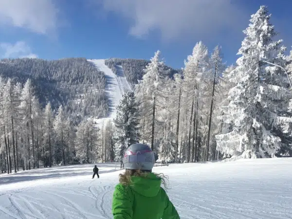 Ihr seht eine Person von hinten beim Skifahren auf der Hochrindl im Winter.