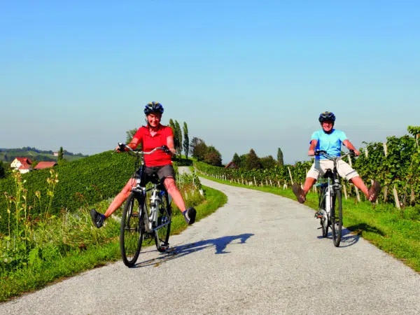 Sie sehen zwei Radfahrer an der südsteirischen Weinstrasse in Leibnitz.JUFA Hotels bietet kinderfreundlichen und erlebnisreichen Urlaub für die ganze Familie.