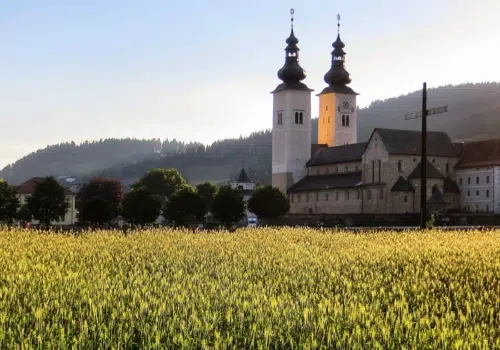 Der Dom zu Gurk in der Nähe vom JUFA Hotel Stift Gurk mit Blumenwiese. JUFA Hotels bieten erholsamen Familienurlaub und einen unvergesslichen Winter- und Wanderurlaub.