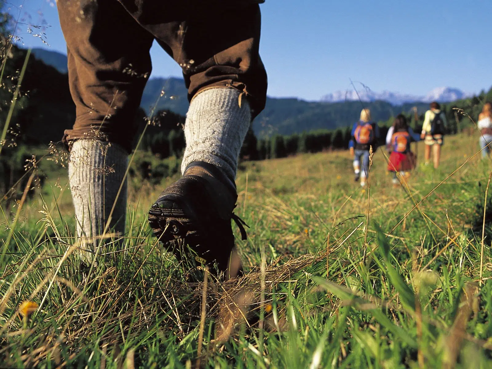 Ihr seht den Fuß einer Person beim Wandern von hinten mit Fokus auf den Wanderschuh.