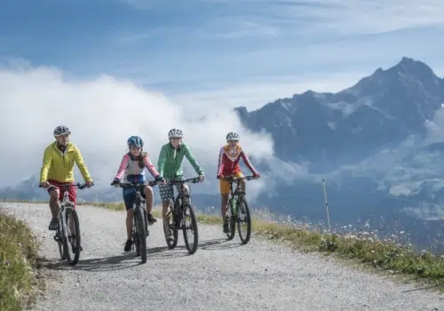 Ihr seht eine Familie, die das Val Surses mit dem Bike entdeckt.