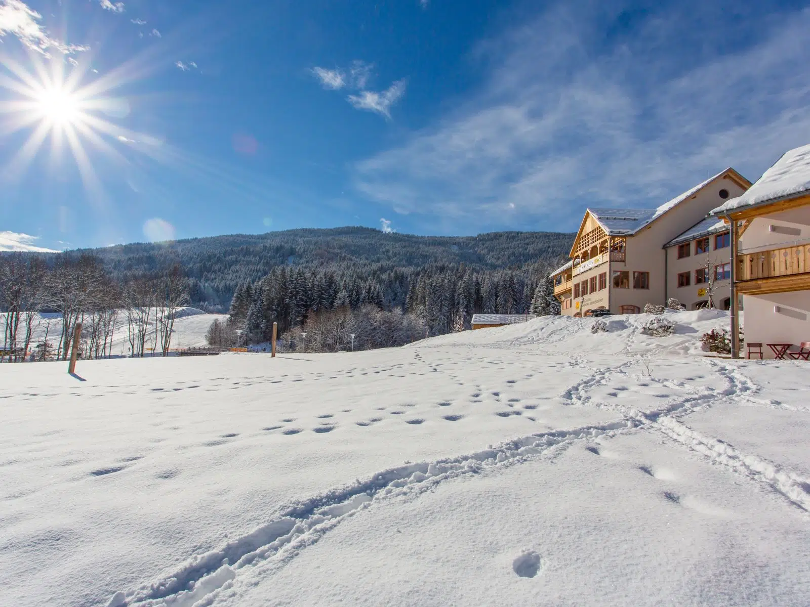 Ihr seht die Aussenansicht von der Ferne im Winter im JUFA Hotel Gitschtal***.