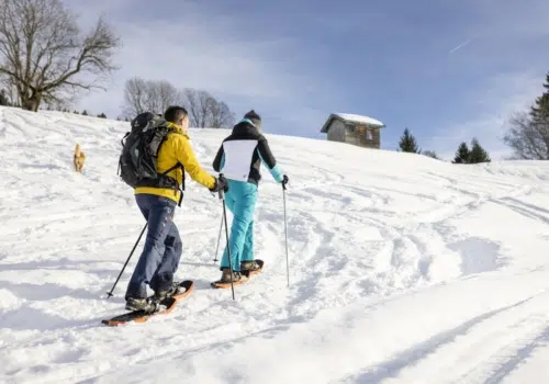 Ihr seht zwei Schneschuhwanderer auf dem Weg zu einer Hütte.