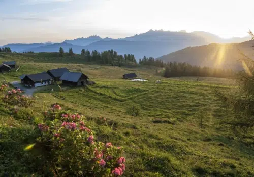 Ihr seht die Berglandschaft im Salzburger Land bei Sonnenuntergang. JUFA Hotels bietet erholsamen Familienurlaub und einen unvergesslichen Winter- und Wanderurlaub.