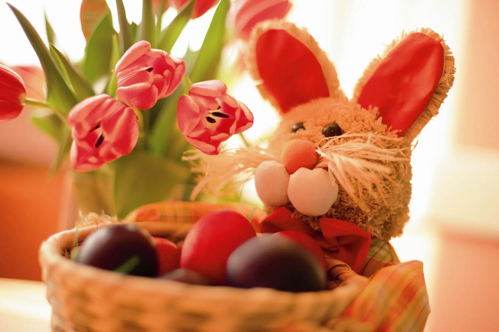 Osternest mit Tulpen im Hintergrund. JUFA Hotels bietet Ihnen den Ort für erlebnisreichen Natururlaub für die ganze Familie.