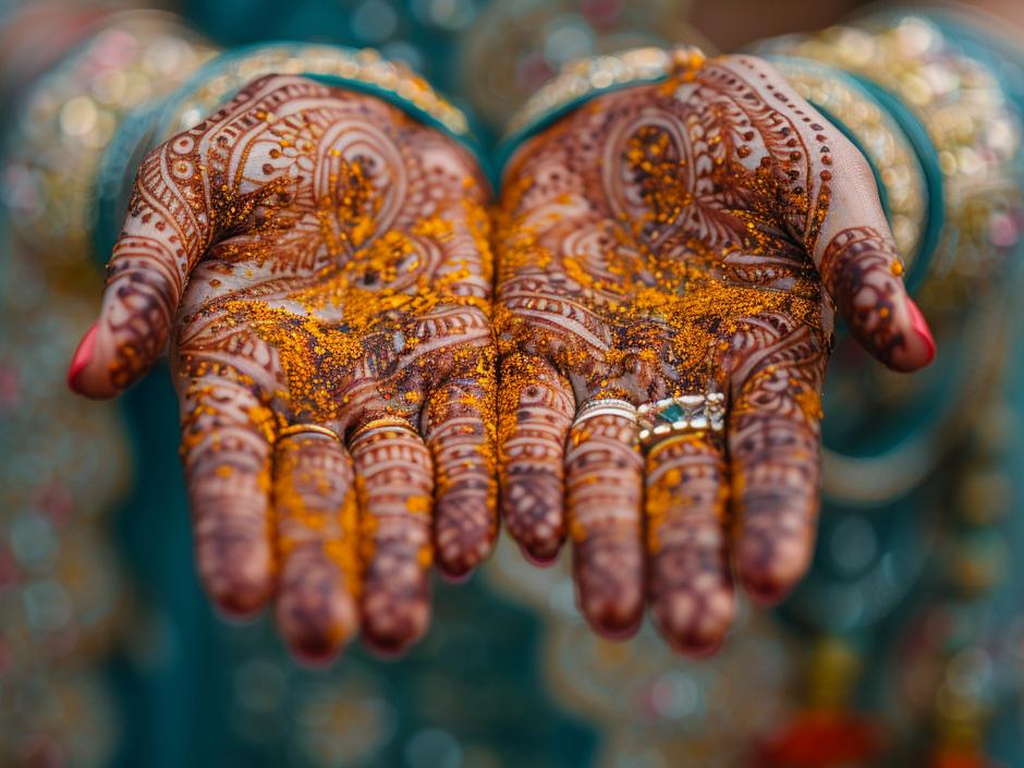 Sie sehen Handflächen mit traditionellen indischen Henna-Tattoos.