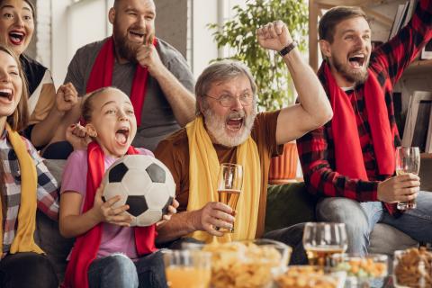 Sie sehen eine Familie, die ein Fußballspiel ansieht und dabei aufgeregt jubelt.