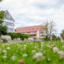 Sie sehen die Hausansicht im Sommer mit grüner Wiese vom JUFA Hotel Nördlingen. Der Ort für kinderfreundlichen und erlebnisreichen Urlaub für die ganze Familie.