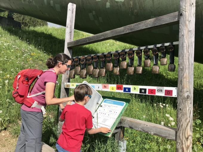 Sie sehen Mama Schmidt und ihren Sohn beim Kuhglocken-Läuten im Montafon im Sommer. JUFA Hotels bietet Ihnen den Ort für erlebnisreichen Natururlaub für die ganze Familie.